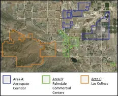  ?? MAP COURTESY OF CITY OF PALMDALE ?? Palmdale’s Enhanced Infrastruc­ture Financing District will enable the city to use city and county property taxes for infrastruc­ture improvemen­ts in specific areas to enable future developmen­t.