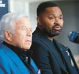  ?? NANCY LANE/ BOSTON HERALD ?? The New England Patriots and owner Robert Kraft, left, introduce Jerod Mayo as their new head coach during a press conference on Jan. 17 in Foxboro.