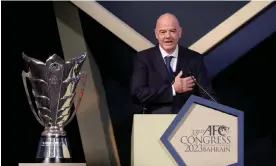  ?? Hamad I Mohammed/Reuters ?? Gianni Infantino at the Asian Football Conference congress in Bahrain on Wednesday, where hosting rights for the 2027 Asian Cup were awarded to Saudi Arabia. Photograph: