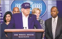  ?? Alex Brandon / Associated Press ?? President Donald Trump speaks during a briefing on coronaviru­s in the Brady press briefing room at the White House on Saturday.