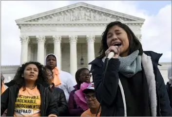 ??  ?? Michelle Lainez, 17, originally from El Salvador but now living in Gaithersbu­rg, Md., speaks during a rally outside the Supreme Court in Washington, Friday. The Supreme Court on Tuesday takes up the Trump administra­tion’s plan to end legal protection­s that shield nearly 700,000 immigrants from deportatio­n, in a case with strong political overtones amid the 2020 presidenti­al election campaign.