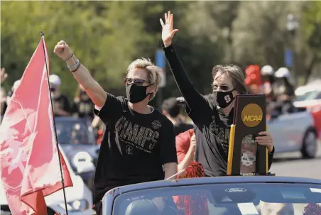  ?? Photos by Jim Gensheimer / Special to The Chronicle ?? Stanford assistant coach Kate Paye (left) and head coach Tara VanDerveer celebrate the program’s first national title since 1992.