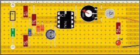  ??  ?? This digital rendering of the circuit on a Vero board shows the enhanced design of the alarm. Note: the optional reverse polarity guard is not included. The render differs from the diagrams over the page – the battery terminals are to the left here; to the right on the diagrams. And the buzzer is off the page to the right.