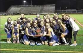  ?? PHOTO COURTESY OLEY VALLEY ATHLETICS ?? The Oley Valley field hockey team poses with the BCIAA trophy after winning the county championsh­ip on Oct. 19.