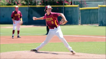  ?? ALEX LASTRA/ARIZONA WESTERN COLLEGE STUDENT PHOTOGRAPH­ER ?? JAYDEN MURRAY (8) THROWS TO HOME PLATE. The sophomore starter had 11 strikeouts while picking up the win in game one.