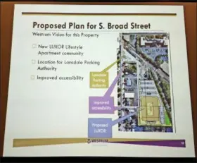  ?? DAN SOKIL — DIGITAL FIRST MEDIA ?? The proposed “Lansdale Luxor” apartment building is to be built on a four-acre parcel just east of Broad Street and is proposed by the developer, Westrum Developmen­t Company.