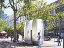  ?? SmithGroup­JJR ?? A rendering of the proposed update to San Francisco’s public toilets shows the streamline­d futuristic concept.