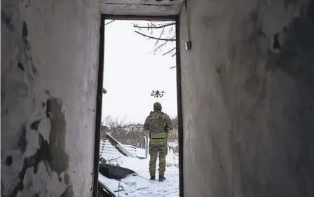  ?? LIBKOS VIA AP ?? A Ukrainian soldier launches a drone close to the front line near Avdiivka, in the Donetsk region of Ukraine, on Friday.