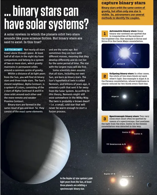  ??  ?? In the Kepler 47 star system 3,400 light years from the Sun, at least three planets are orbiting a spectrosco­pic binary star.