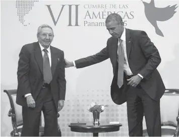  ?? ASSOCIATED PRESS ?? US President Barack Obama greets Cuban President Raul Castro during their meeting at the Summit of the Americas in Panama City, Panama.