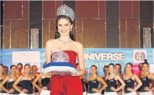  ??  ?? Reigning Miss Universe Thailand Maria Poonlertla­rp unveiled this year’s shiny new crown at a press conference held at Renaissanc­e Bangkok Ratchapras­ong Hotel.