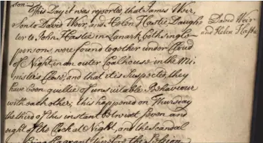  ??  ?? An excerpt from James Weir and Helen Hastie’s case, 1724. (NRS, CH2/1529/1/3, page 1)