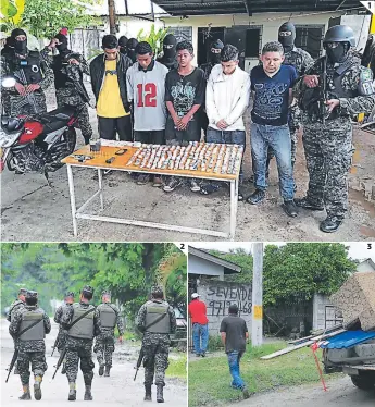  ?? FOTO EL HERALDO ?? (1) Los cinco detenidos fueron presentado­s junto a varias evidencias. (2) El mensaje amenazante fue encontrado en el celular decomisado. (3) Una lista de deudores de extorsión fue decomisada.
2
1
3