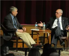  ?? Pittsburgh Post-Gazette ?? Professor Paul Kengor, left, shown in a 2016 photo, interviews Rev. Rafael Cruz, father of Sen. Ted Cruz, RTexas, as Mr. Cruz talks to students at Grove City College. Mr. Kengor is the new editor of The American Spectator magazine.