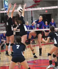  ?? Photo by Ernest A. Brown ?? Mount senior middle Paige Fitzpatric­k (18) and the No. 4 Mounties were defeated in five games by South Kingstown.