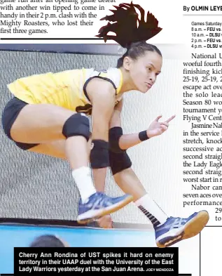  ?? JOEY MENDOZA ?? Cherry Ann Rondina of UST spikes it hard on enemy territory in their UAAP duel with the University of the East Lady Warriors yesterday at the San Juan Arena.