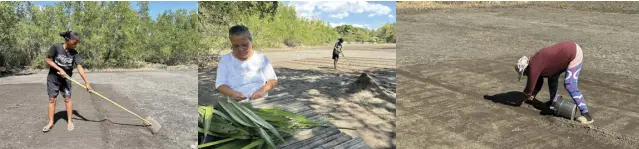  ?? HENRY EMPEÑO ?? HARD LABOR: Mae Abuan rakes the brine sand for collection, as Editha Morayag prepares nipa leaves for packing salt. Nanay Helen gathers brine sand to add to her own stockpile.