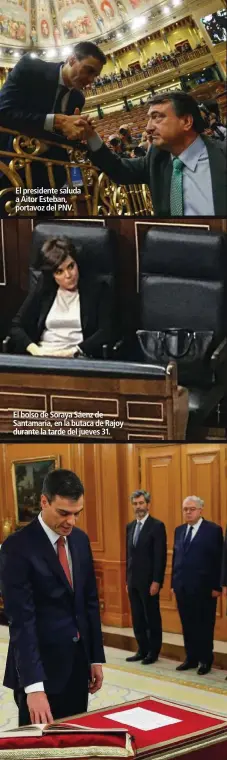  ??  ?? El presidente saluda a Aitor Esteban, portavoz del PNV. El bolso de Soraya Sáenz de Santamaría, en la butaca de Rajoy durante la tarde del jueves 31.