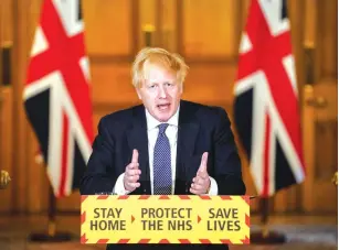  ?? 10 Downing Street) ?? BRITAIN’S PRIME MINISTER Boris Johnson speaks during a daily news conference to update on the coronaviru­s disease at 10 Downing Street in London yesterday.