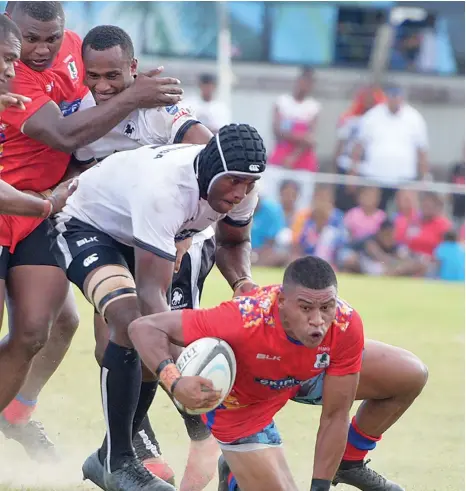  ?? Photo: Ronald Kumar ?? Namosi’ Joseph Cavu is tackled by Nadroga during the Skipper Provincial Cup clash at Thomson Park in Navua on April 17, 2021. .