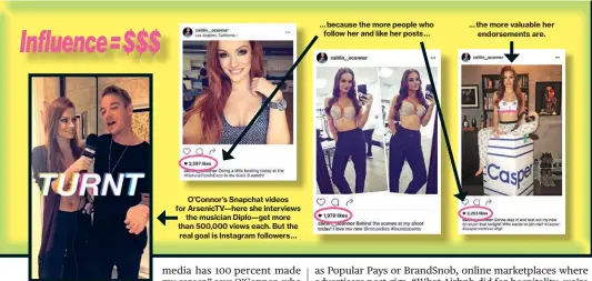  ??  ?? … because the more people who follow her and like her posts … … the more valuable her endorsemen­ts are. Influence = $$$ O’connor’s Snapchat videos for Arsenictv—here she interviews the musician Diplo—get more than 500,000 views each. But the real goal...