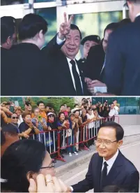  ??  ?? Chavalit shows a peace sign while Somchai (bottom right) greets supporters as they arrive at the Supreme Court in Bangkok yesterday.