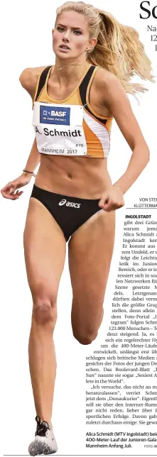  ?? FOTO: IMAGO ?? Alica Schmidt (MTV Ingolstadt) beim 400-Meter-Lauf der Junioren-Gala in Mannheim Anfang Juli.