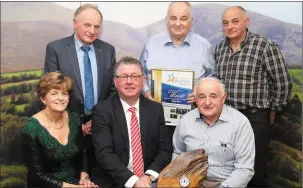  ??  ?? James McAuley of McCarthy Insurance presenting the Best Family Run Business Award to Catherine, Tadhg, Sean and Neil Kelly of Kelly Brothers, Ballydesmo­nd