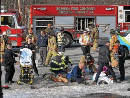  ?? PETE BANNAN – DIGITAL FIRST MEDIA ?? Six cars collided, sending eight people to the hospital in a crash on West Chester Pike at Dutton Mill Road in Willistown about 4:20 p.m. Tuesday. Goshen Deputy Fire Chief Gerry DiNunzio said the patients were taken to Paoli Trauma Center, but none of...