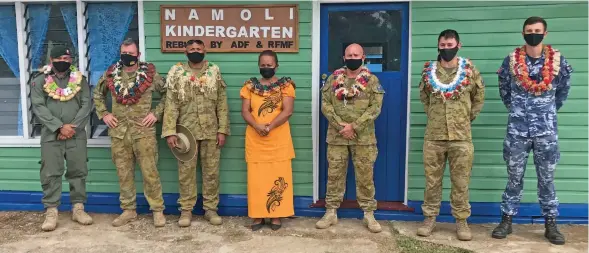  ?? Photo: Shratika Naidu ?? From Left: Republic of Fiji Military Forces Major Lui Tubuna, Australian Defence Forces Wo2 Bryan Grief, Major Mika Dreu, Divisional Education Officer Northern Iliseva Volai, Sergeant Todd Girvan, Captain Xavier Vasta and Flying Officer Adam Philbey during the opening of the Namoli Kindergart­en in Labasa on July 16, 2021.