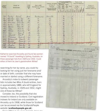  ??  ?? Katherine searched Ancestry and found two women named “A Gould” travelling to Sydney, Australia, on these passenger lists from 1929 and 1932. Could either of them be Jean’s grandmothe­r Althea?