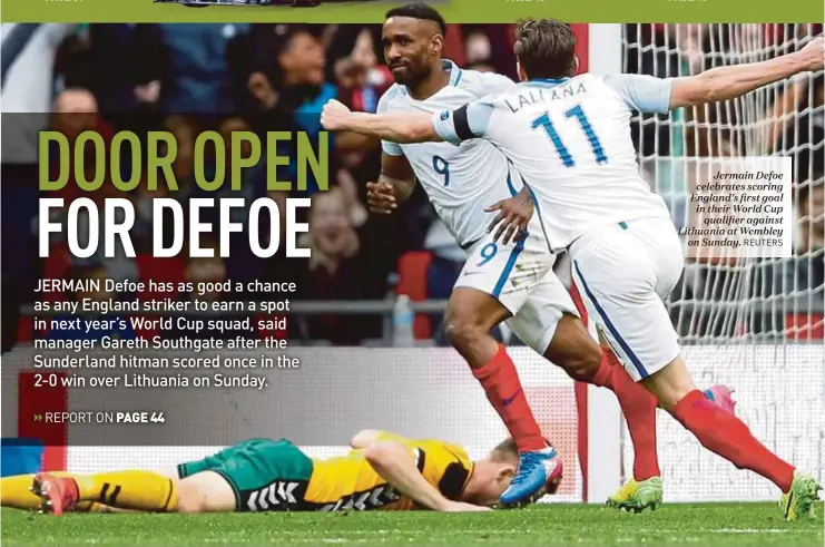  ??  ?? Jermain Defoe celebrates scoring England’s first goal in their World Cup
qualifier against Lithuania at Wembley
on Sunday.