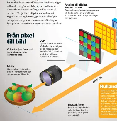  ??  ?? Från pixel till bild
Vi kastar ljus över vad som händer i din kameras inre.
Motiv
Ljus studsar mot motivet och in i kameralins­en där det fokuseras till en bild.
OLPF
Optical -Low-Pass Filter gör bilden lite suddigare för att reducera den...