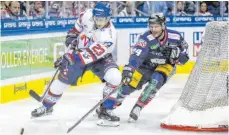  ?? FOTO: ANDREAS GORA/DPA ?? Die Clubs in der Deutschen Eishockey Liga wie die Adler Mannheim (li. Marcel Goc) und die Eisbären Berlin (André Rankel) müssen trotz Corona-Krise deutlich mehr für die Unfallvers­icherung der Spieler bezahlen.