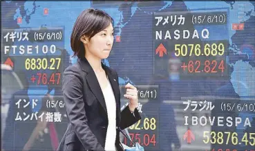  ?? AFP ?? A pedestrian passes by a share prices board in Tokyo that show trading results in major stock exchanges worldwide.