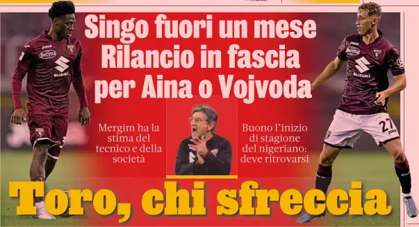  ?? LAPRESSE ?? Occasione per due
Da sinistra il nigeriano Ola Aina, 26 anni, e il kosovaro Mergim Vojvoda, 27 anni. Al centro il tecnico Juric, 47
Sono 4 le amichevoli che il Torino giocherà prima della ripresa in campionato: il 10 Espanyol, il 16 Almeria, il 23 Cremonese e il 28 Monza