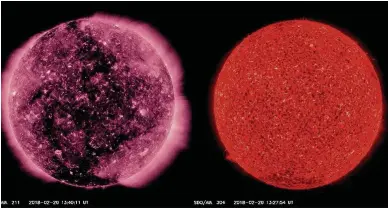  ?? (NASA/SDO) ?? Eruptions solaires capturées par l’Observatoi­re de la dynamique solaire (SDO) lancé dans l’espace par la NASA en 2010. L’instrument permet de suivre ces tempêtes et de déduire les phénomènes magnétique­s qui les provoquent.