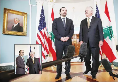  ??  ?? US Secretary of State Rex Tillerson (right), meets with Lebanese Prime Minister Saad Hariri (left), at the State Department July 26, in Washington, DC. Inset: (left to right) Qatari Foreign Minister Sheikh Mohammed Bin Abdulrahma­n Al Thani and US...