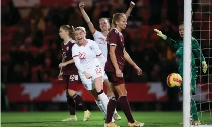  ?? Stacpoole/Offside/Getty Images ?? Alessia Russo celebrates after scoring England’s 14th goal in this week’s 20-0 win over Latvia in a World Cup qualifier. Photograph: Simon