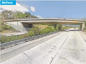  ?? GOOGLE STREET VIEW AND MIKE ELIASON/SANTA BARBARA COUNTY FIRE DEPT. VIA EPA-EFE ?? Before U.S. 101 at the Olive Mill Road overpass was flooded with runoff water from Montecito Creek and blocked with mud and debris after heavy rains in Montecito, Calif. All the rain raised the risk of mudslides and flash flooding.