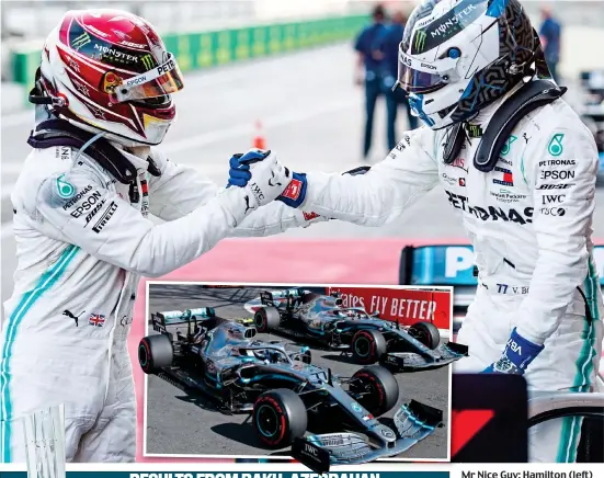  ?? GETTY IMAGES ?? Mr Nice Guy: Hamilton (left) celebrates yet another onetwo with Bottas after a near miss early on (inset)