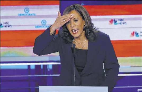  ?? Wilfredo Lee The Associated Press ?? Democratic presidenti­al candidate Sen. Kamala Harris, D-Calif., during the Democratic primary debate hosted by NBC News at the Adrienne Arsht Center for the Performing Arts on Thursday in Miami.