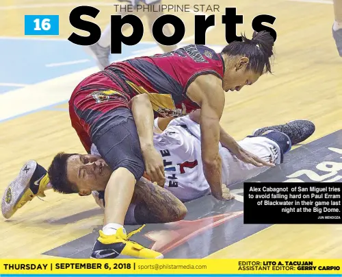  ?? JUN MENDOZA ?? Alex Cabagnot of San Miguel tries to avoid falling hard on Paul Erram of Blackwater in their game last night at the Big Dome.