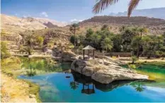  ??  ?? Bei einer Reise in den Orient gehört der Besuch einer Oase einfach dazu. Im Oman heissen diese Wadi. Im Bild: Das Wadi Bani Khalid.