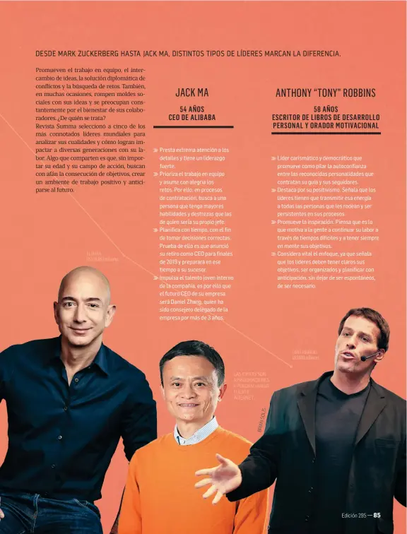  ??  ?? DESDE MARK ZUCKERBERG HASTA JACK MA, DISTINTOS TIPOS DE LÍDERES MARCAN LA DIFERENCIA.ALIBABAUS$113.063 millones LAS CIFRAS SON APROXIMACI­ONES Y PUEDEN VARIAR. FUENTE: INTERNET.TONY ROBBINSUS$500 millones