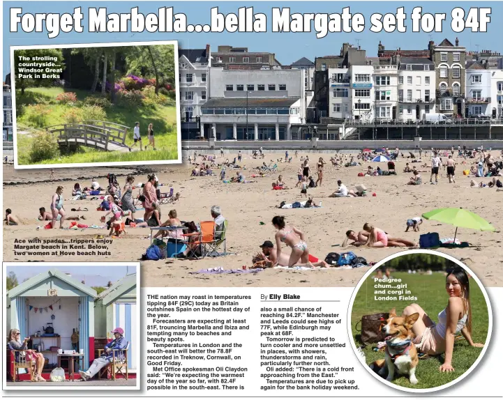  ?? Pictures: PA, BRIGHTON PICTURES, STORY PICTURE AGENCY ?? The strolling countrysid­e... Windsor Great Park in Berks
Ace with spades...trippers enjoy Margate beach in Kent. Below, two women at Hove beach huts
Pedigree chum...girl and corgi in London Fields