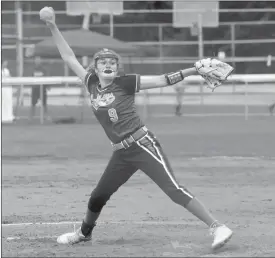  ?? Photo by Becky Polaski ?? Avery Eckels struck out eight of the nine batters she faced in the St. Marys Little League Softball Major League all-stars’ District 10 opener against Warren on Saturday at Benzinger Park.