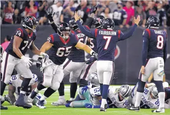  ?? ERIC CHRISTIAN SMITH/ASSOCIATED PRESS ?? Houston kicker Ka’imi Fairbairn (7) celebrates his game-winning field goal near the end of overtime Sunday night as the Texans beat the visiting Cowboys.