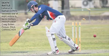  ??  ?? DEATH RATTLE: Laharum’s Nathan Griffiths becomes one of eight victims to fall to Homers medium-pacer Craig Britten. Picture: PAUL CARRACHER