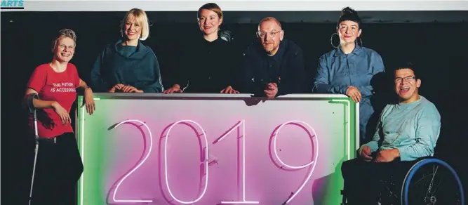  ??  ?? Artistic Director Jackie Wylie, centre left, alongside key creatives from the 2019 season, from left: Claire Cunningham, Cora Bissett, Stewart Laing, Nic Green and Robert Softleygal­e